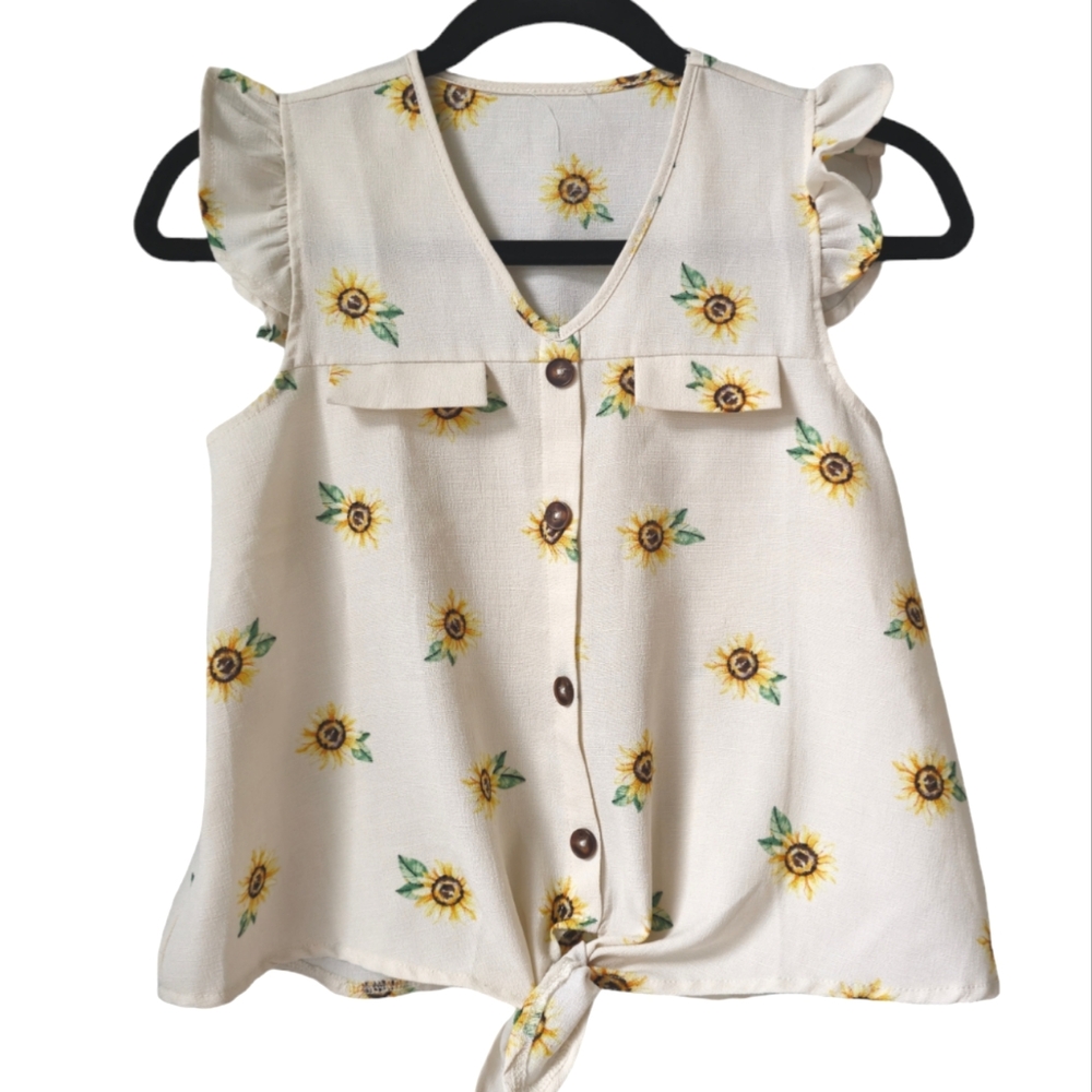 Sunflower top | tie front & ruffle sleeves | size 10- 12